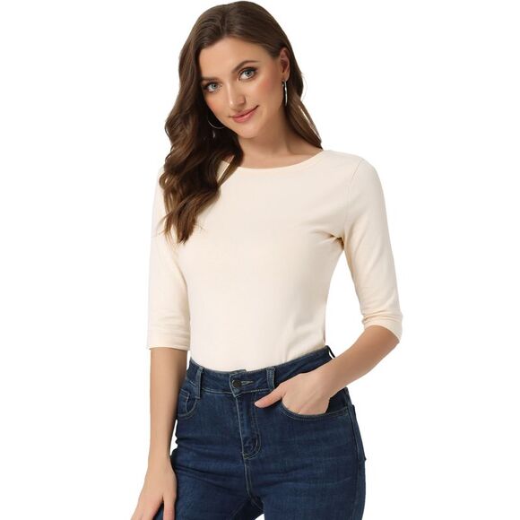 Elbow Sleeves Round Neck Slim Fit Tee Beige - Picture 1 of 5